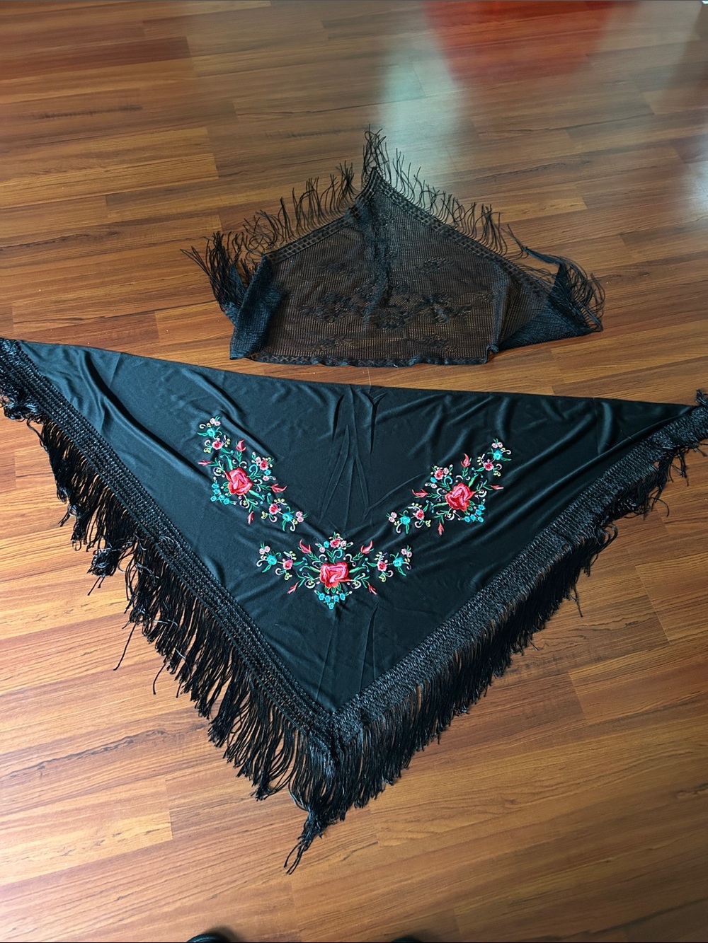 Black Fringe Triangle Shawl with Red Rose Embroidery